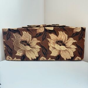 Vintage Gold Brown Floral Evening Clutch Bag with Bow, Coin Purse, Comb